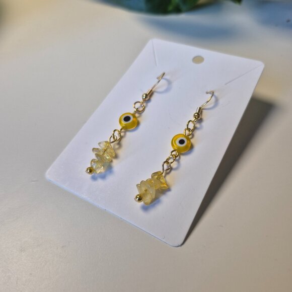 Handmade Protection Earrings with Yellow Evil Eye Charms and Citrine Chip Beads - Picture 6 of 8
